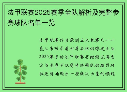法甲联赛2025赛季全队解析及完整参赛球队名单一览