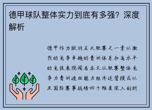 德甲球队整体实力到底有多强？深度解析