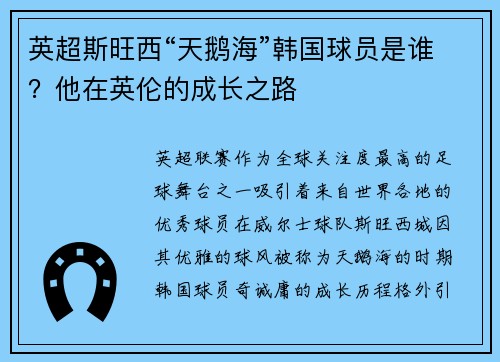 英超斯旺西“天鹅海”韩国球员是谁？他在英伦的成长之路